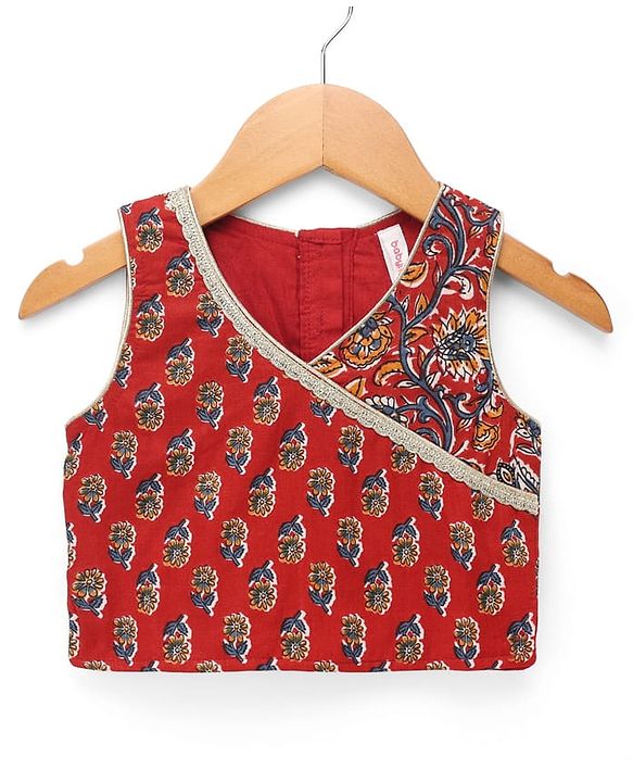 Babyhug 100% Cotton Cambric Woven Sleeveless Lehenga, Choli and Dupatta Set With Floral Print - Maroon