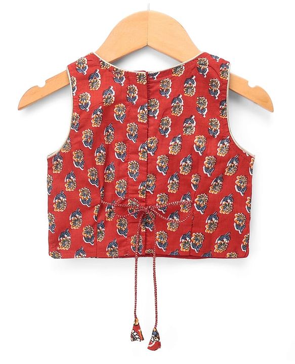 Babyhug 100% Cotton Cambric Woven Sleeveless Lehenga, Choli and Dupatta Set With Floral Print - Maroon