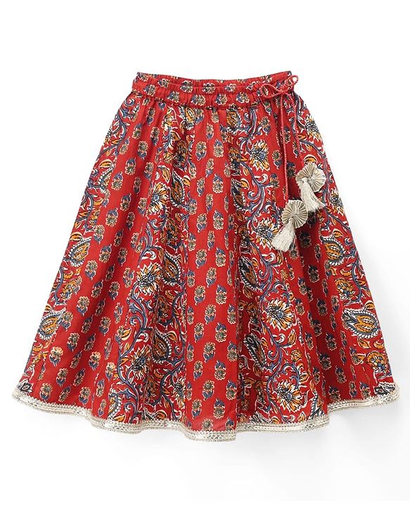 Babyhug 100% Cotton Cambric Woven Sleeveless Lehenga, Choli and Dupatta Set With Floral Print - Maroon