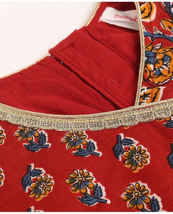 Babyhug 100% Cotton Cambric Woven Sleeveless Lehenga, Choli and Dupatta Set With Floral Print - Maroon