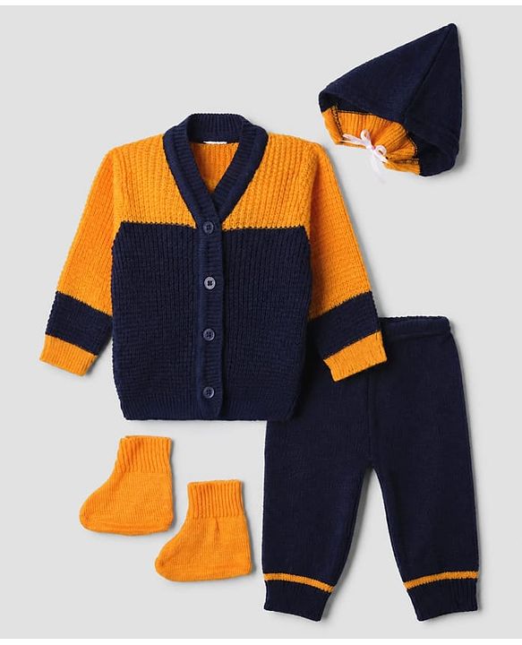 Babyhug Knit Full Sleeves Color Block Design Sweater Set with Cap & Booties - Navy Blue