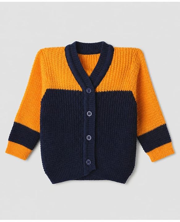 Babyhug Knit Full Sleeves Color Block Design Sweater Set with Cap & Booties - Navy Blue