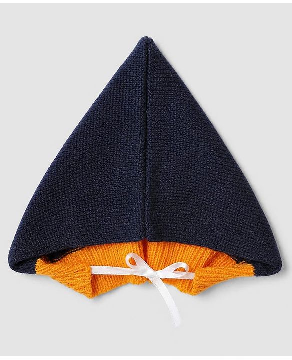 Babyhug Knit Full Sleeves Color Block Design Sweater Set with Cap & Booties - Navy Blue