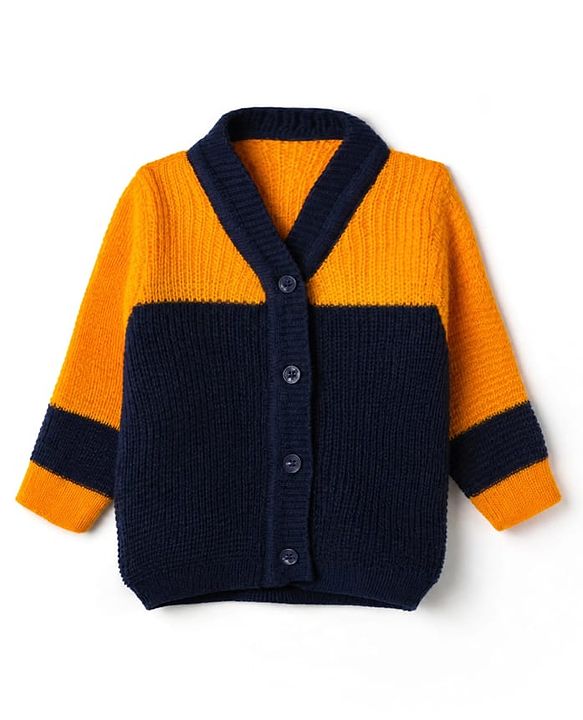 Babyhug Knit Full Sleeves Color Block Design Sweater Set with Cap & Booties - Navy Blue