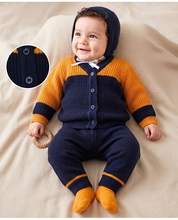 Babyhug Knit Full Sleeves Color Block Design Sweater Set with Cap & Booties - Navy Blue