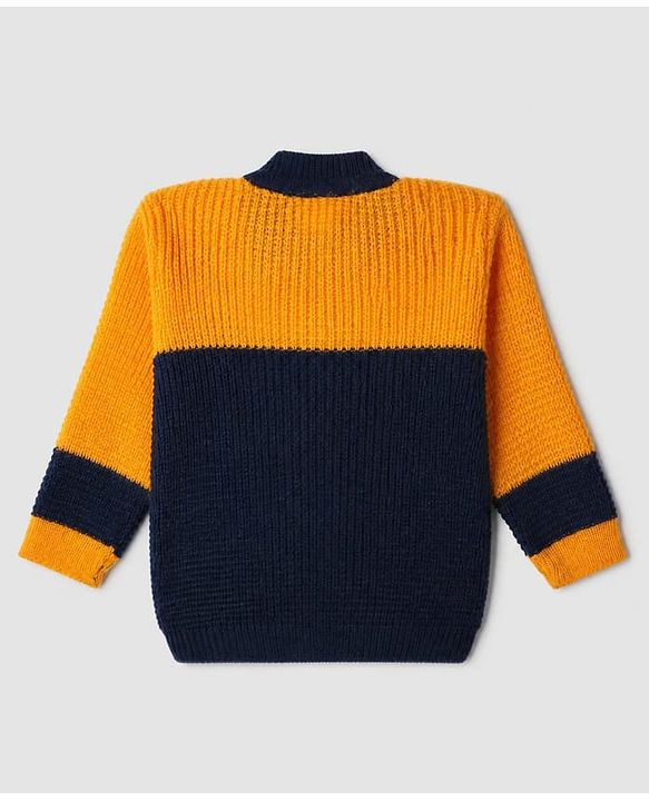 Babyhug Knit Full Sleeves Color Block Design Sweater Set with Cap & Booties - Navy Blue