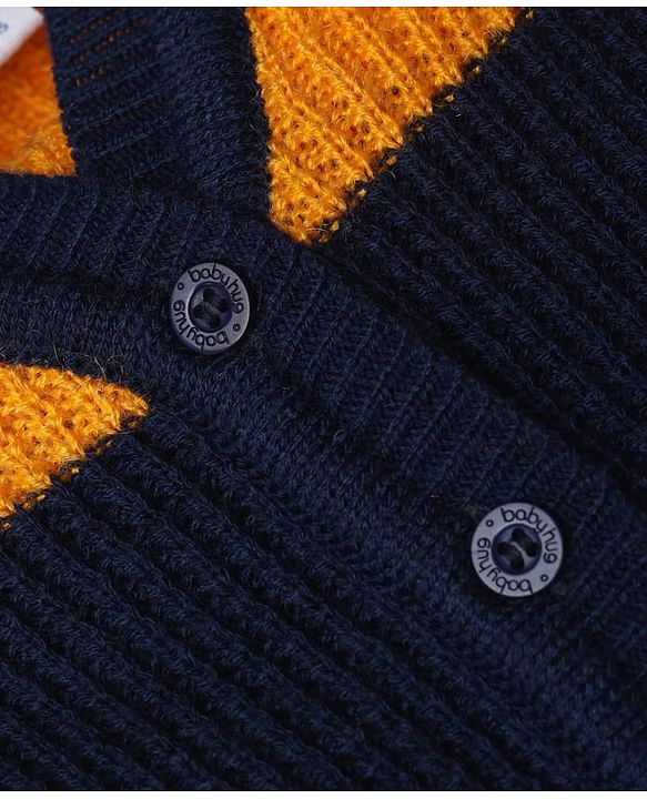 Babyhug Knit Full Sleeves Color Block Design Sweater Set with Cap & Booties - Navy Blue