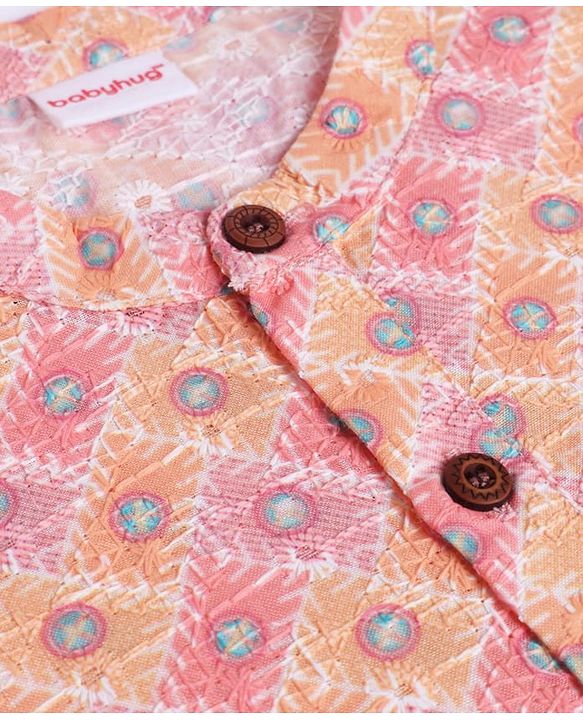 Babyhug Cambric Woven Full Sleeves Kurta and Dhoti Set with Geometric Print - Peach