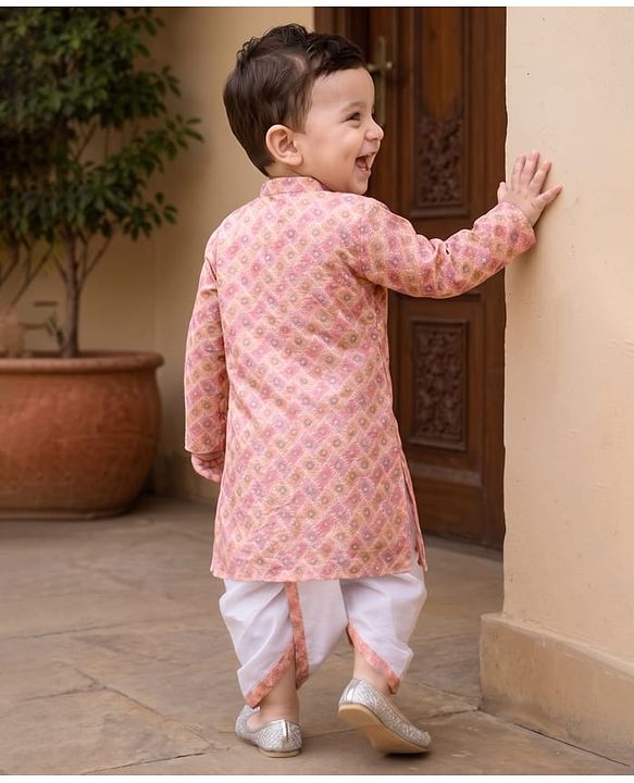 Babyhug Cambric Woven Full Sleeves Kurta and Dhoti Set with Geometric Print - Peach