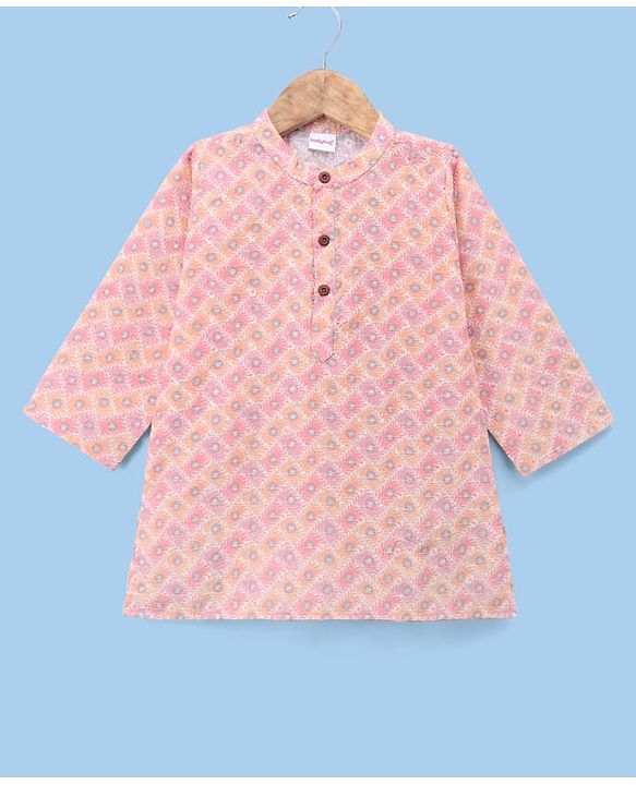 Babyhug Cambric Woven Full Sleeves Kurta and Dhoti Set with Geometric Print - Peach