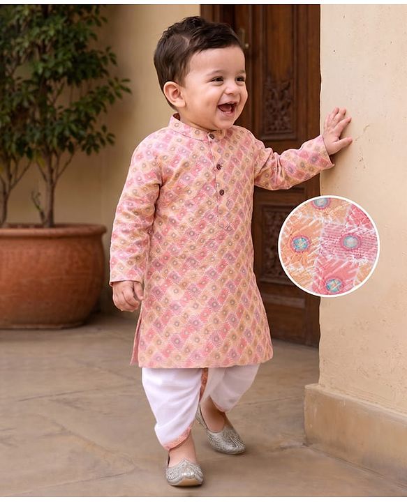 Babyhug Cambric Woven Full Sleeves Kurta and Dhoti Set with Geometric Print - Peach