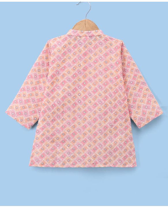 Babyhug Cambric Woven Full Sleeves Kurta and Dhoti Set with Geometric Print - Peach