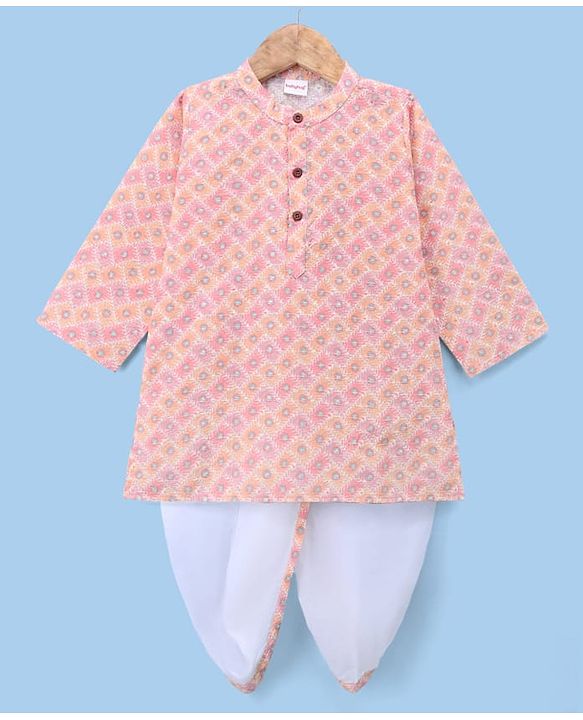 Babyhug Cambric Woven Full Sleeves Kurta and Dhoti Set with Geometric Print - Peach