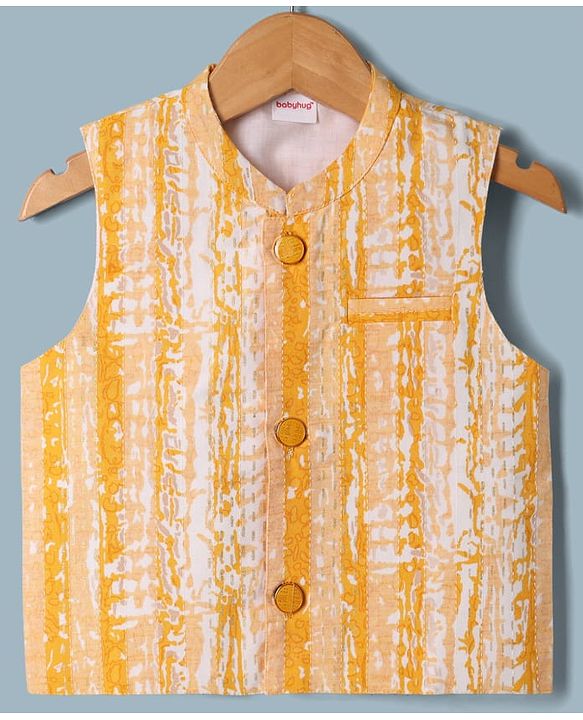 Babyhug 100% Cotton Cambric Woven Full Sleeves Dhoti Kurta Set and Jacket With Stripes Print in White
