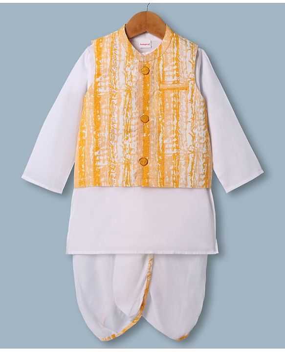 Babyhug 100% Cotton Cambric Woven Full Sleeves Dhoti Kurta Set and Jacket With Stripes Print in White