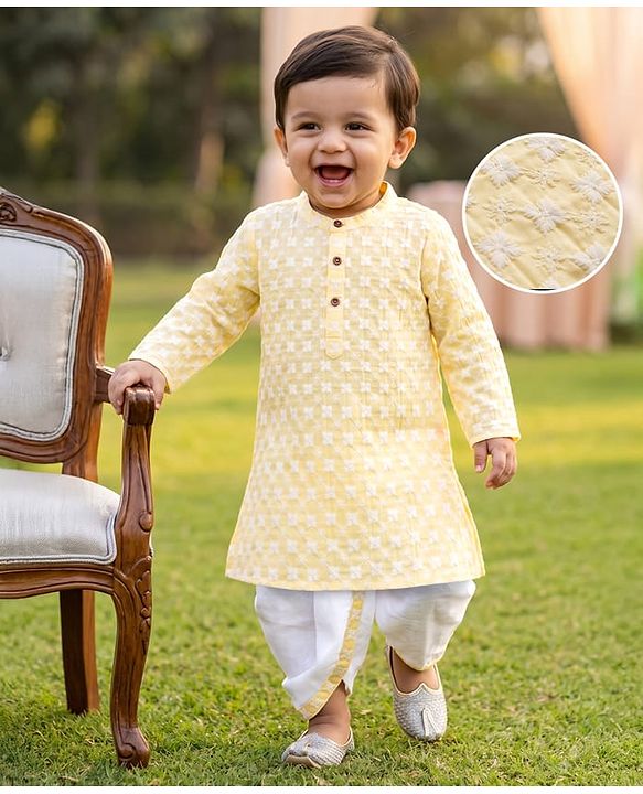 Babyhug 100% Cotton Cambric Woven Full Length Embroidered Dhoti & Kurta Set - Yellow