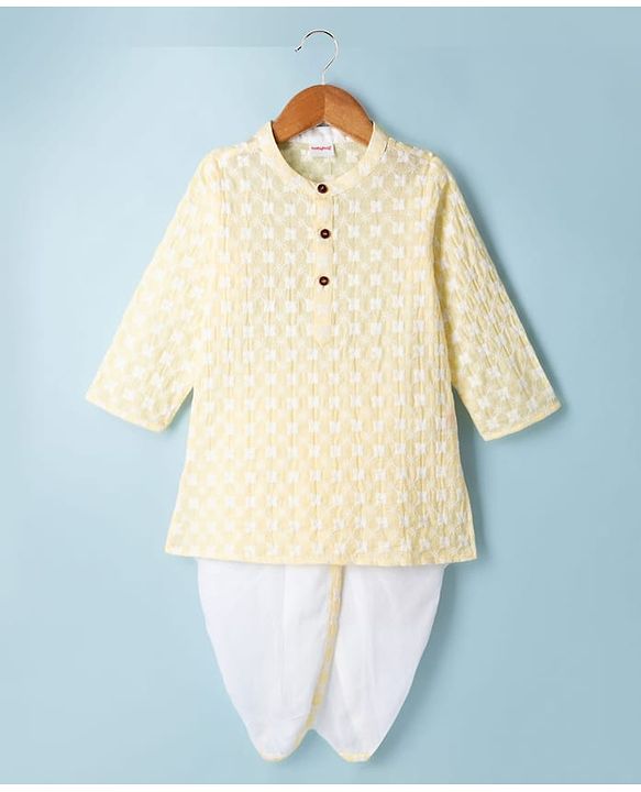 Babyhug 100% Cotton Cambric Woven Full Length Embroidered Dhoti & Kurta Set - Yellow