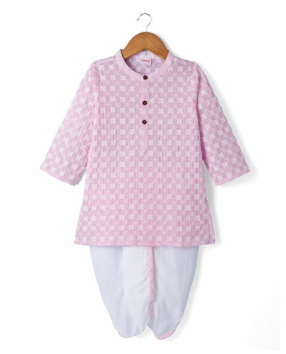 Babyhug 100% Cotton Woven Full Sleeves Cambric Floral Embroidered Kurta & Dhori Set - Pink