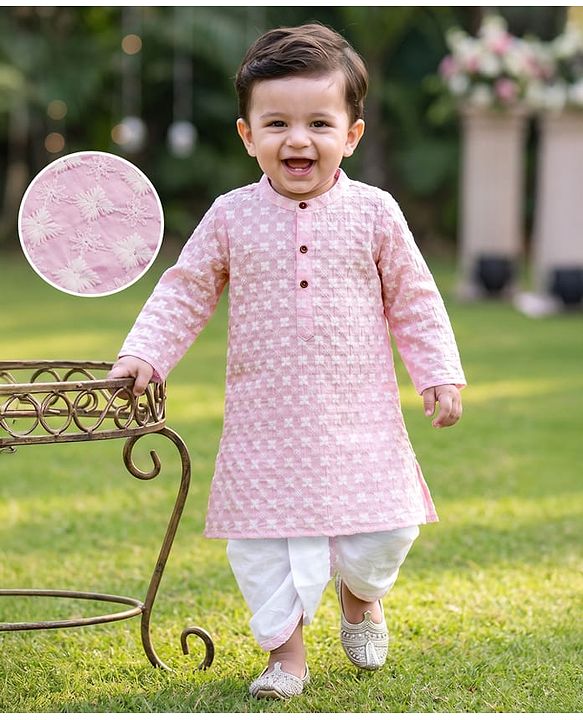 Babyhug 100% Cotton Woven Full Sleeves Cambric Floral Embroidered Kurta & Dhori Set - Pink