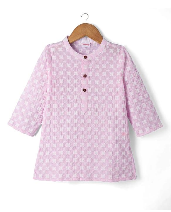 Babyhug 100% Cotton Woven Full Sleeves Cambric Floral Embroidered Kurta & Dhori Set - Pink