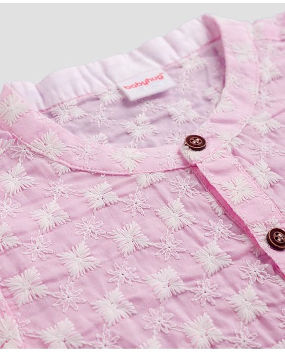 Babyhug 100% Cotton Woven Full Sleeves Cambric Floral Embroidered Kurta & Dhori Set - Pink