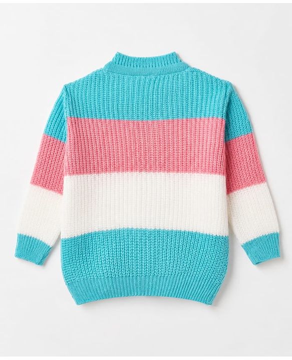 Babyhug Knit Full Sleeves Colour Block Designed Sweater Set with Cap & Booties - Aqua Blue