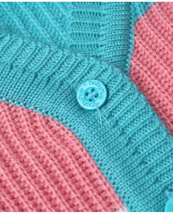 Babyhug Knit Full Sleeves Colour Block Designed Sweater Set with Cap & Booties - Aqua Blue