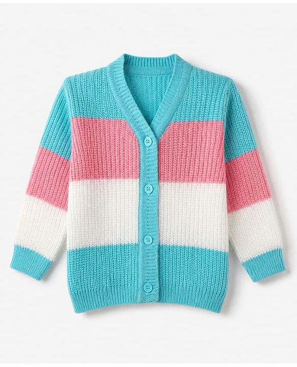 Babyhug Knit Full Sleeves Colour Block Designed Sweater Set with Cap & Booties - Aqua Blue