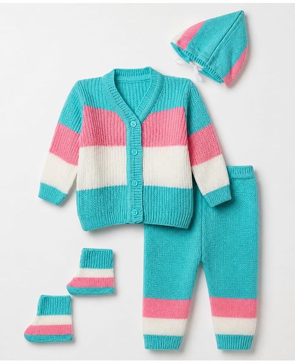 Babyhug Knit Full Sleeves Colour Block Designed Sweater Set with Cap & Booties - Aqua Blue