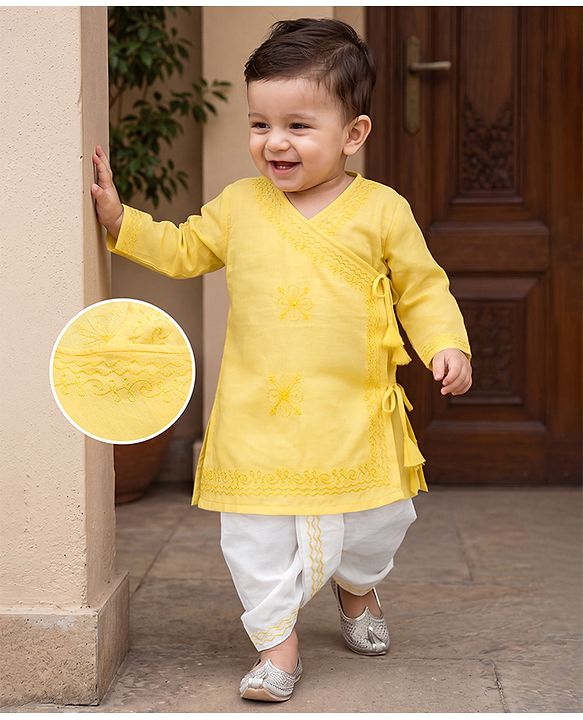 Babyhug 100% Cotton Cambric Woven Full Sleeves Kurta & Dhoti Set with Floral Embroidery in Yellow
