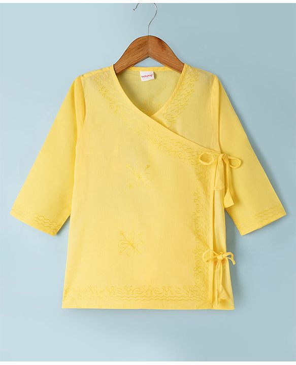 Babyhug 100% Cotton Cambric Woven Full Sleeves Kurta & Dhoti Set with Floral Embroidery in Yellow