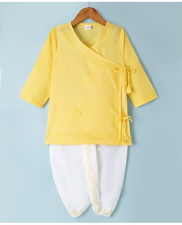 Babyhug 100% Cotton Cambric Woven Full Sleeves Kurta & Dhoti Set with Floral Embroidery in Yellow