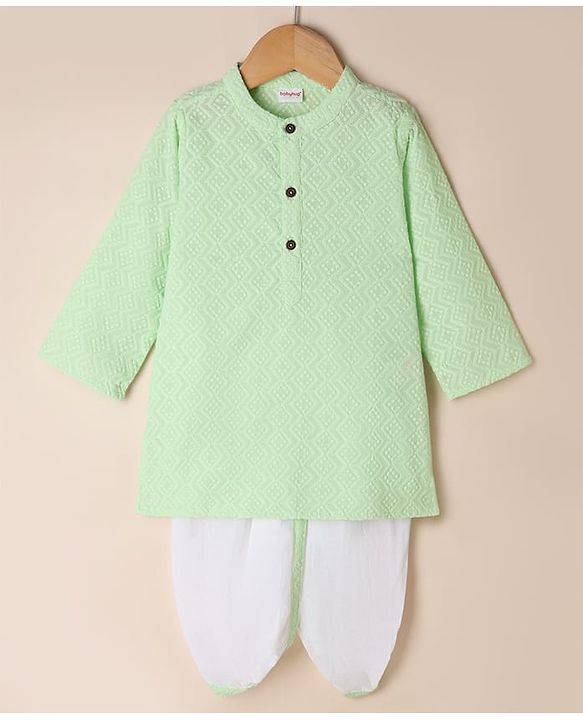 Babyhug 100% Cotton Woven Full Sleeves Dhoti & Kurta Set with Geometric Embroidery in Green