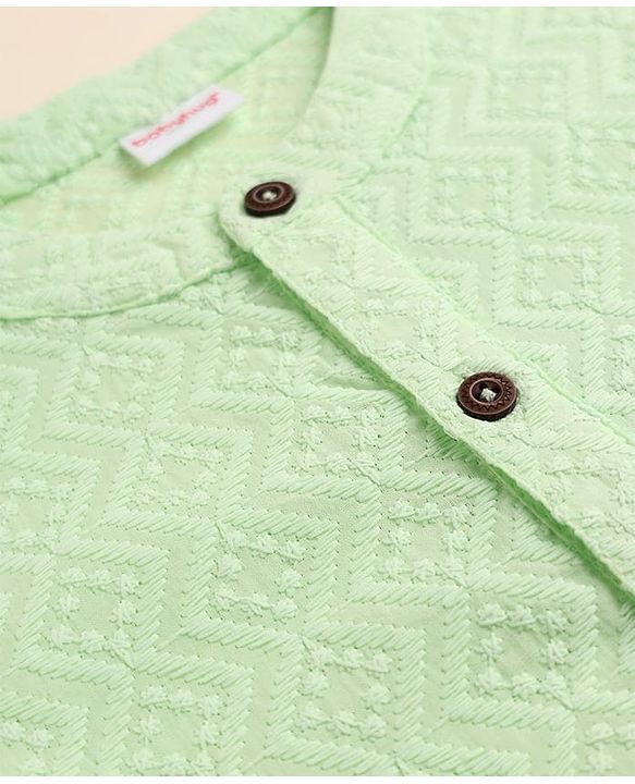 Babyhug 100% Cotton Woven Full Sleeves Dhoti & Kurta Set with Geometric Embroidery in Green