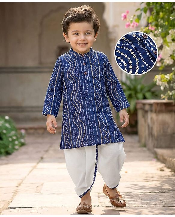 Babyhug 100% Cotton Cambric Woven Full Sleeves Kurta Dhoti Set with Bandhani Print - Navy Blue