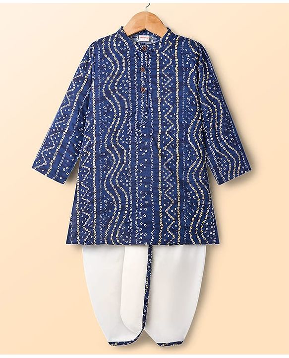 Babyhug 100% Cotton Cambric Woven Full Sleeves Kurta Dhoti Set with Bandhani Print - Navy Blue
