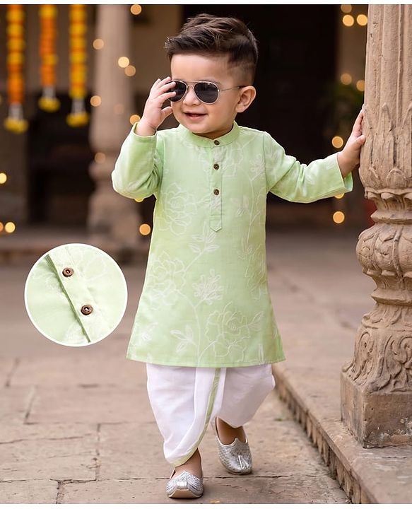 Babyhug 100% Cotton Cambric Woven Full Length Embroidered Dhoti & Kurta Set - Light Green