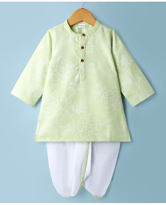 Babyhug 100% Cotton Cambric Woven Full Length Embroidered Dhoti & Kurta Set - Light Green
