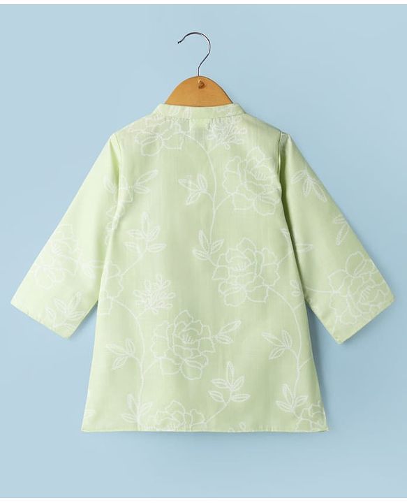 Babyhug 100% Cotton Cambric Woven Full Length Embroidered Dhoti & Kurta Set - Light Green