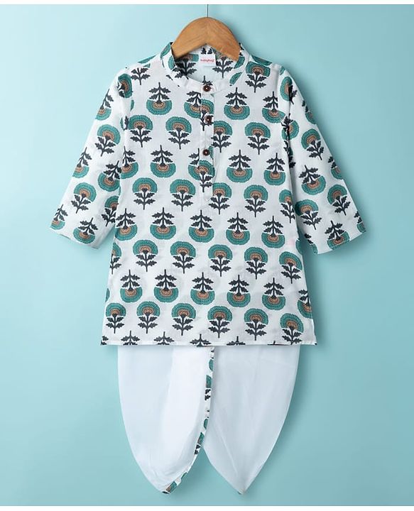 Babyhug 100% Cotton Cambric Woven Full Sleeves Floral Printed Dhoti Kurta Set - White