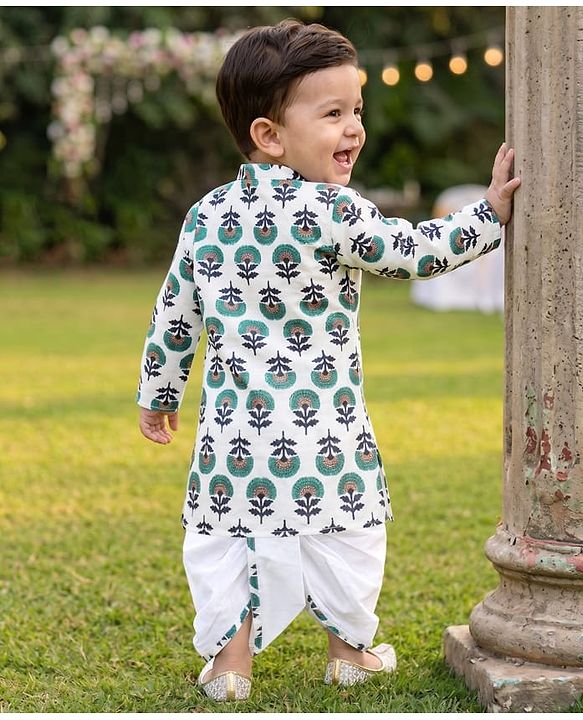 Babyhug 100% Cotton Cambric Woven Full Sleeves Floral Printed Dhoti Kurta Set - White