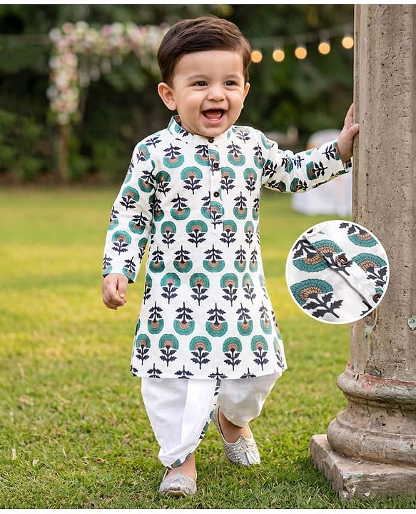 Babyhug 100% Cotton Cambric Woven Full Sleeves Floral Printed Dhoti Kurta Set - White