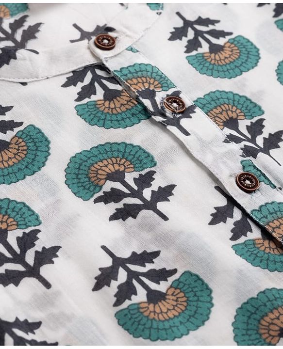 Babyhug 100% Cotton Cambric Woven Full Sleeves Floral Printed Dhoti Kurta Set - White