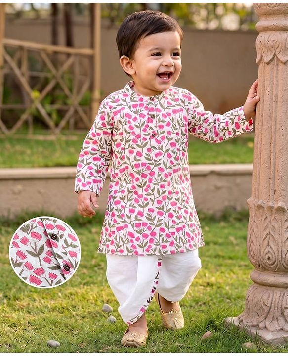 Babyhug 100% Cotton Cambric Woven Full Sleeves Floral Printed Dhoti Kurta Set - White