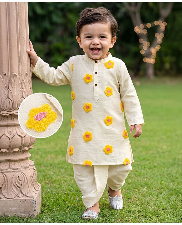 Babyhug Cambric Woven Full Sleeves Kurta & Dhoti Set with Floral Embroidery - Yellow