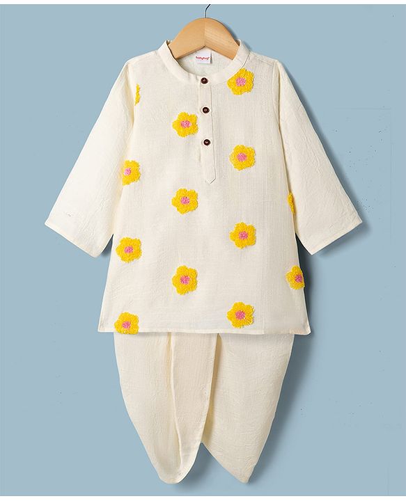 Babyhug Cambric Woven Full Sleeves Kurta & Dhoti Set with Floral Embroidery - Yellow