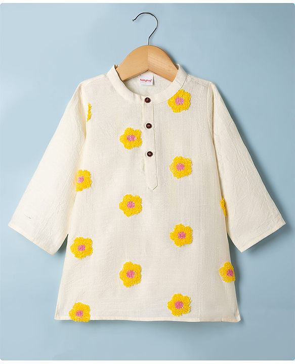 Babyhug Cambric Woven Full Sleeves Kurta & Dhoti Set with Floral Embroidery - Yellow