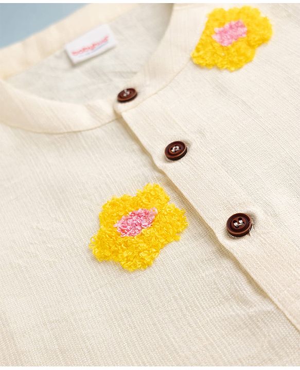 Babyhug Cambric Woven Full Sleeves Kurta & Dhoti Set with Floral Embroidery - Yellow
