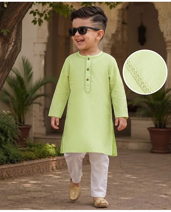 Babyhug Cambric Woven Full Sleeves Solid Kurta & Pyjama Set with Embroidery - Limegreen