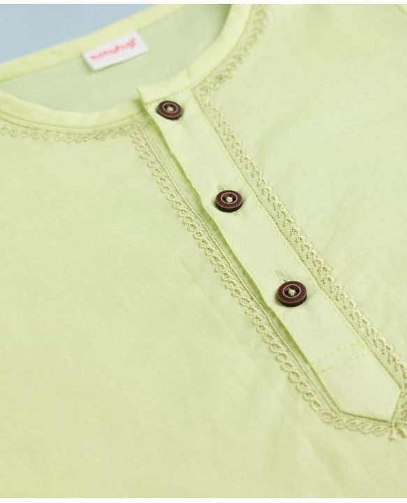Babyhug Cambric Woven Full Sleeves Solid Kurta & Pyjama Set with Embroidery - Limegreen
